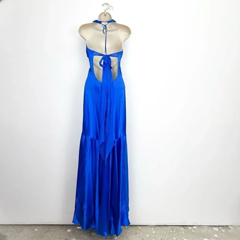Cache Vintage Cobalt Blue Liquid Silk Halter Fishtail Maxi Gown - Picture 3 of 16
